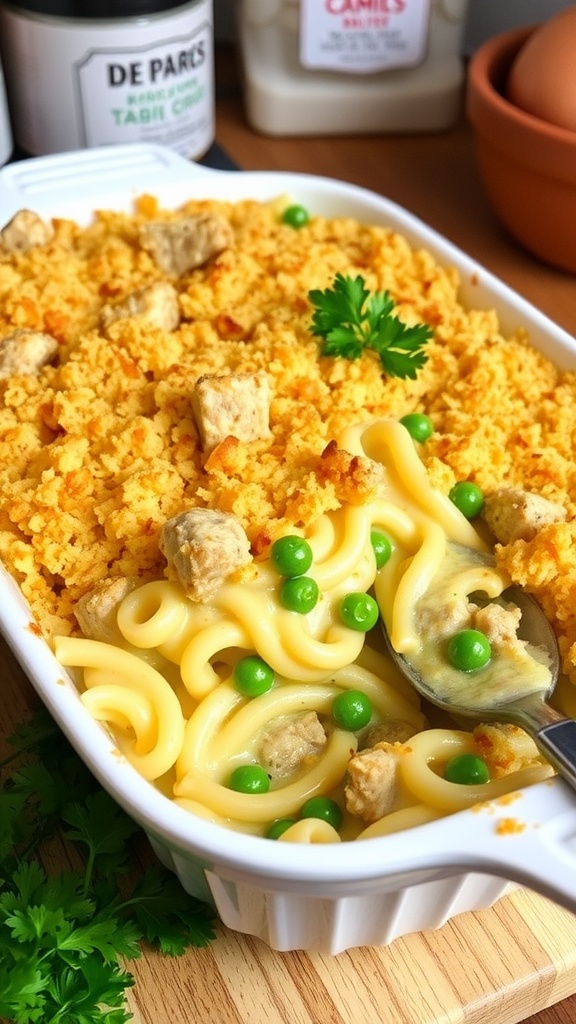 A creamy pork tetrazzini casserole topped with golden breadcrumbs and fresh parsley, served in a baking dish.